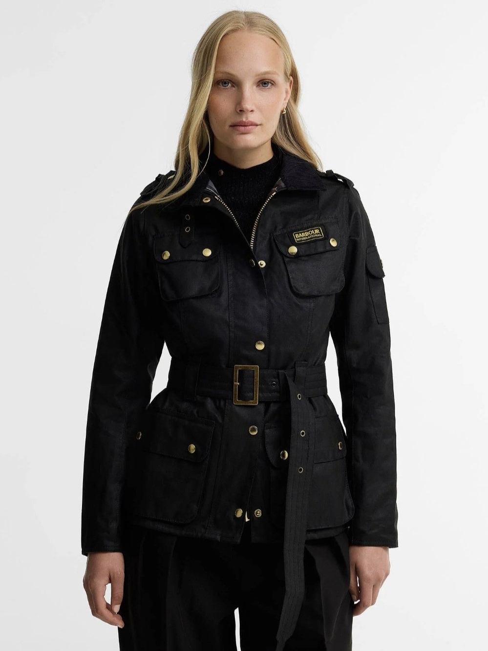 Barbour International Ladies' Waxed Cotton Belted Utility Jacket Black